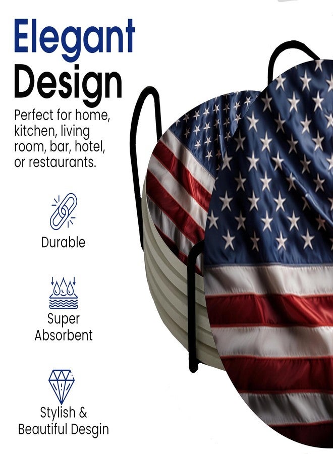 DAJDC Wavy USA American Flag United States Round Coasters Set of 6 - Abosrbent Ceramic with Metal Stand for Drinks, Coffee, Non-Slip Cork Back for Tabletop Protection, 4 Inches - Image 3